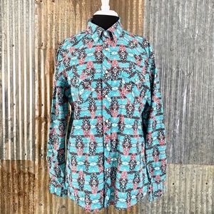 Men’s Rock & Roll Denim Modern Fit Aztec Design Pearl Snap Longsleeve Shirt